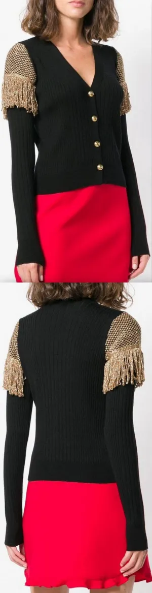 Fringed-Shoulder Cardigan Sweater