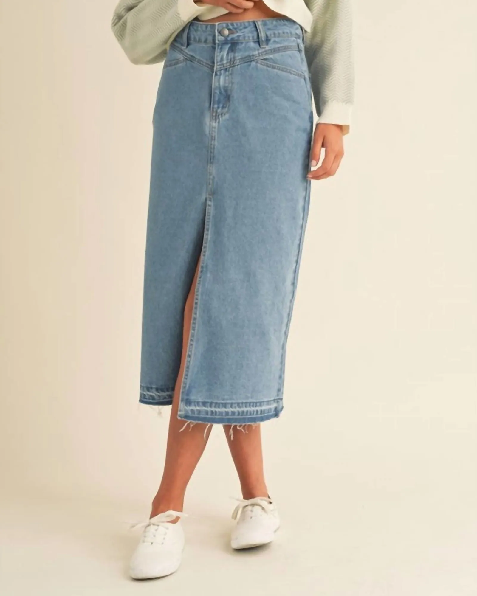 Front Slit Midi Denim Skirt in Blue | Blue