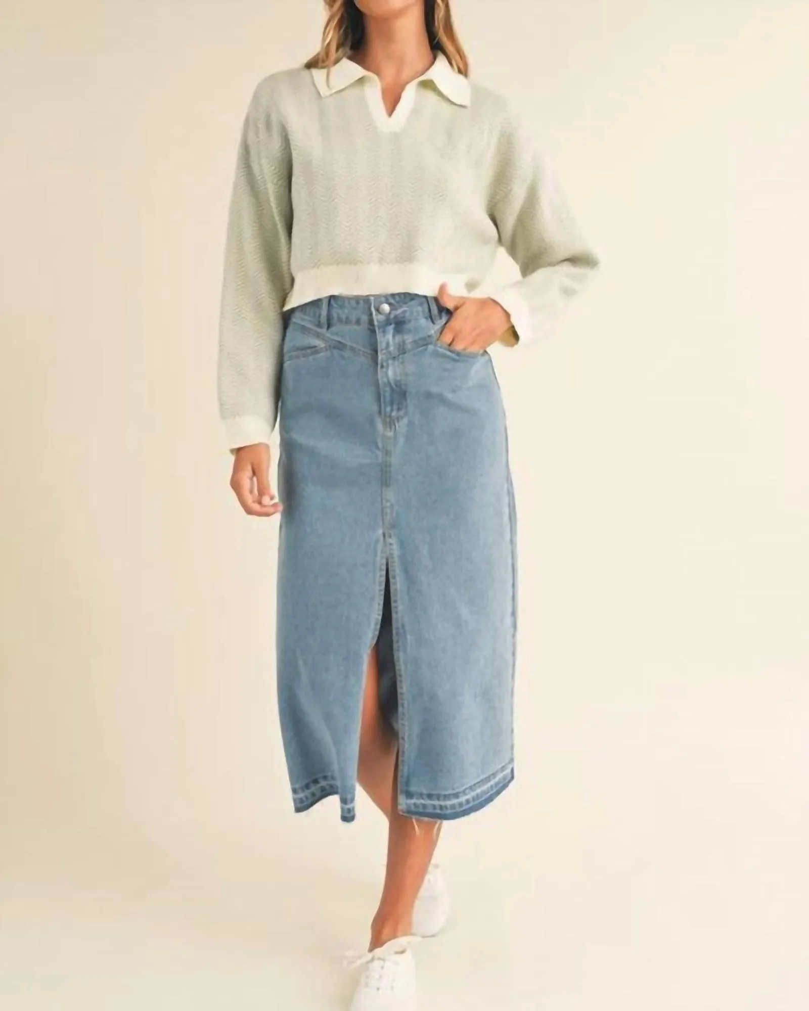 Front Slit Midi Denim Skirt in Blue | Blue