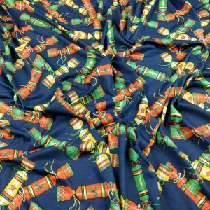 FS157 Christmas Crackers Spun Polyester Knit Stretch Fabric Navy