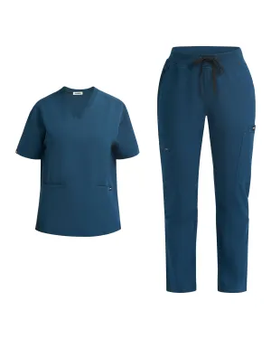 Gibraltar Blue V Neck Top and Multi-Pocket Scrub Pants Set