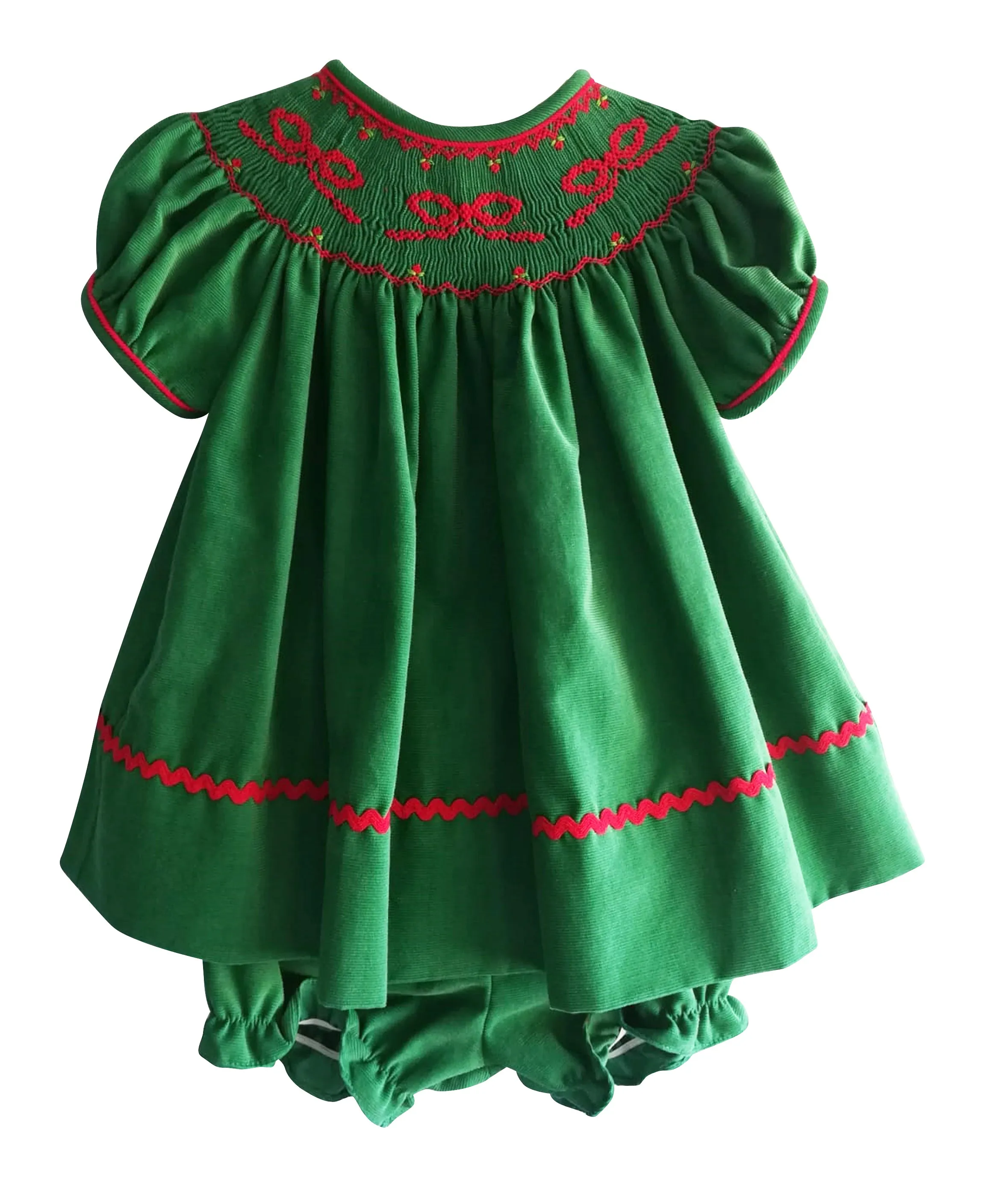 Girl's "Christmas Bows Again" Green Corduroy Bishop