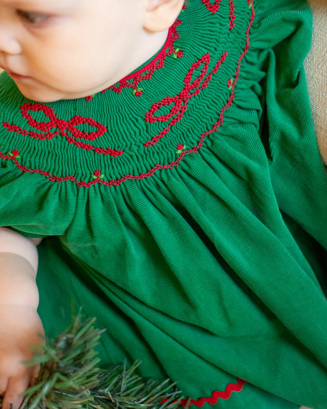 Girl's "Christmas Bows Again" Green Corduroy Bishop