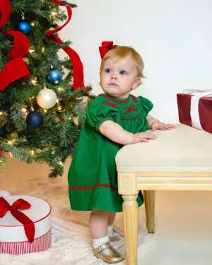 Girl's "Christmas Bows Again" Green Corduroy Bishop