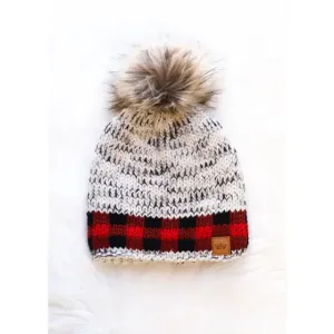 Gray Heather Pom Hat w/ Red Plaid Trim