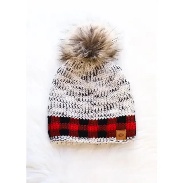 Gray Heather Pom Hat w/ Red Plaid Trim