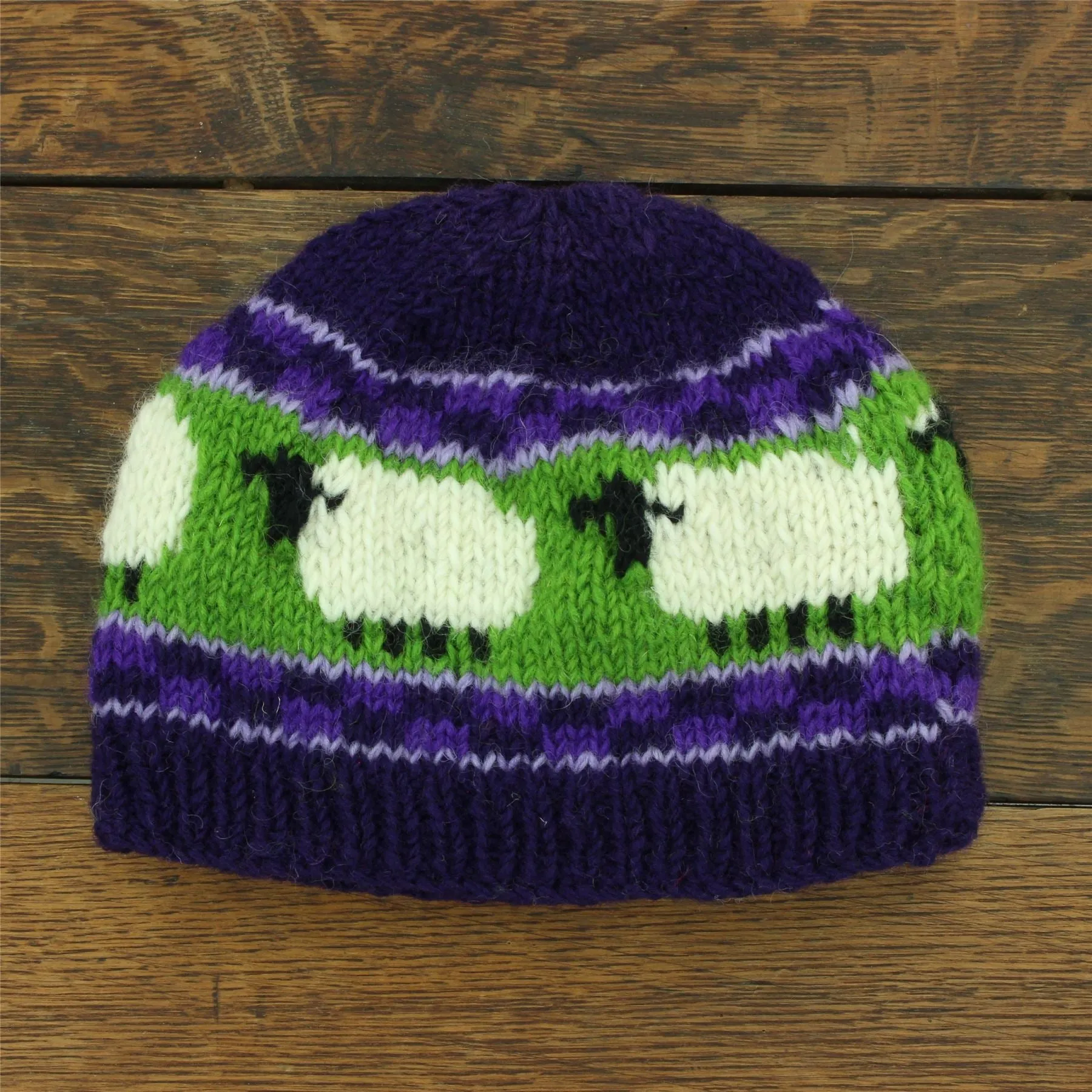 Hand Knitted Wool Beanie Hat - Purple Green