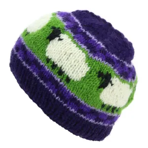 Hand Knitted Wool Beanie Hat - Purple Green