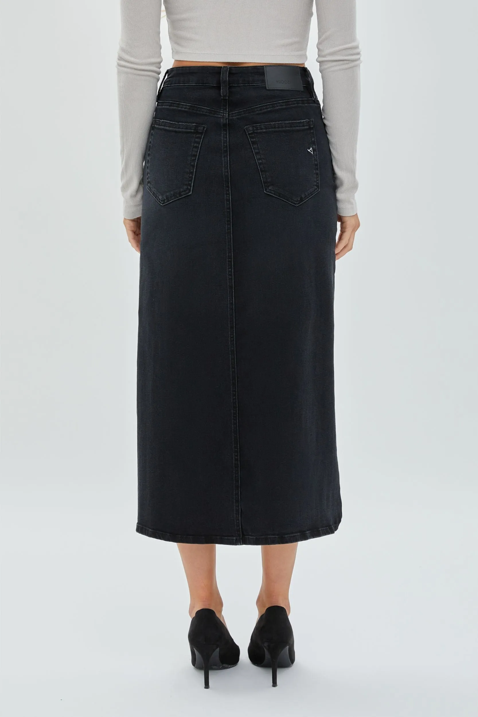 Hidden Side Slit Denim Midi Skirt