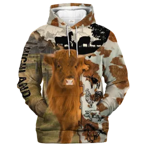 Highland Fur Pattern On The Farm Hoodie, Highland Hoodie 3D All Over Print