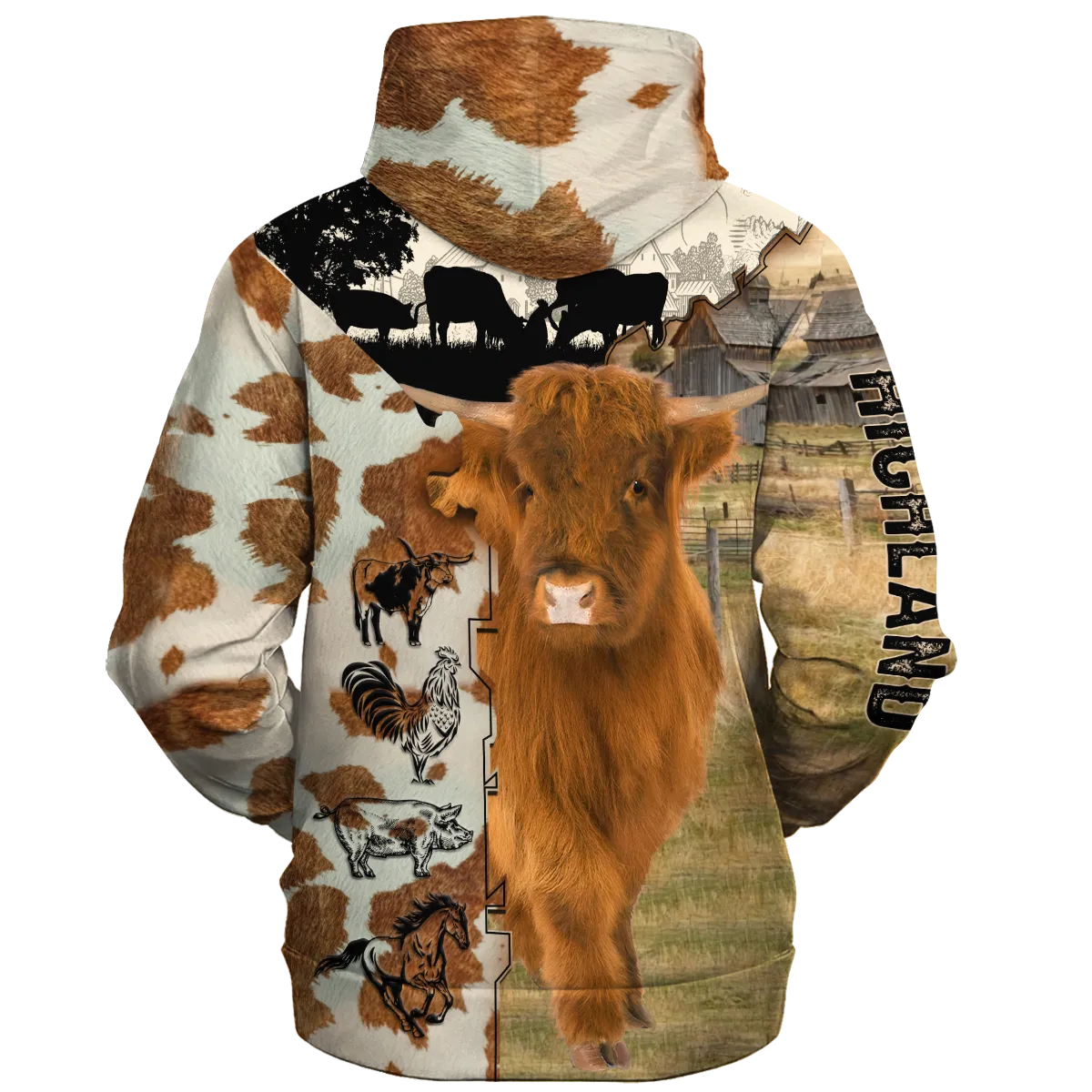 Highland Fur Pattern On The Farm Hoodie, Highland Hoodie 3D All Over Print