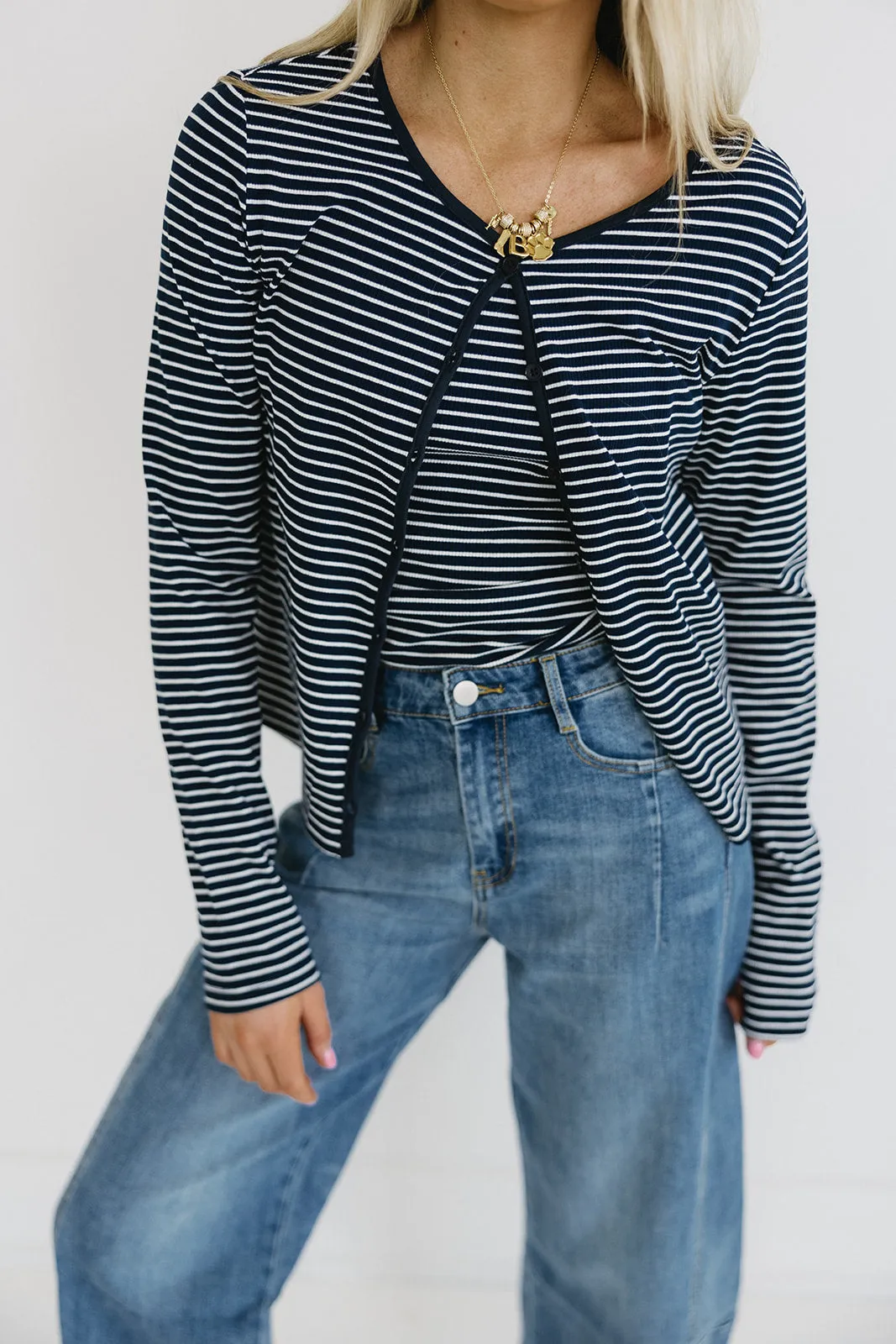 Jillian Stripe Cardigan Set - Navy/Ivory