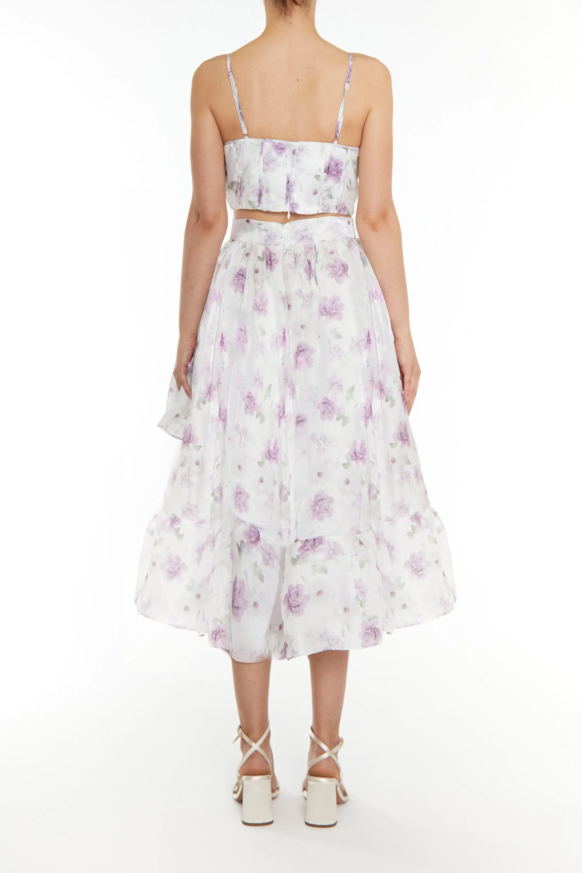 Joelle Co-ord Lilac Floral Organza Asymmetric Ruffle Midi Skirt