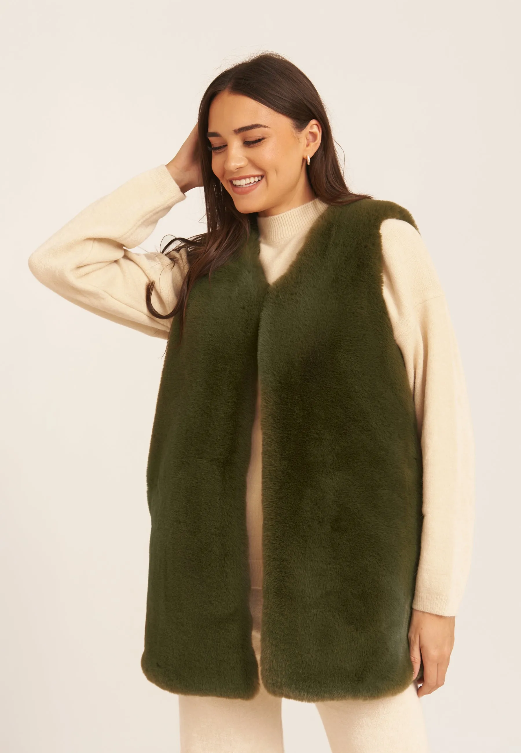 Khaki No Cut Faux Gilet Fur Sleeveless Jacket