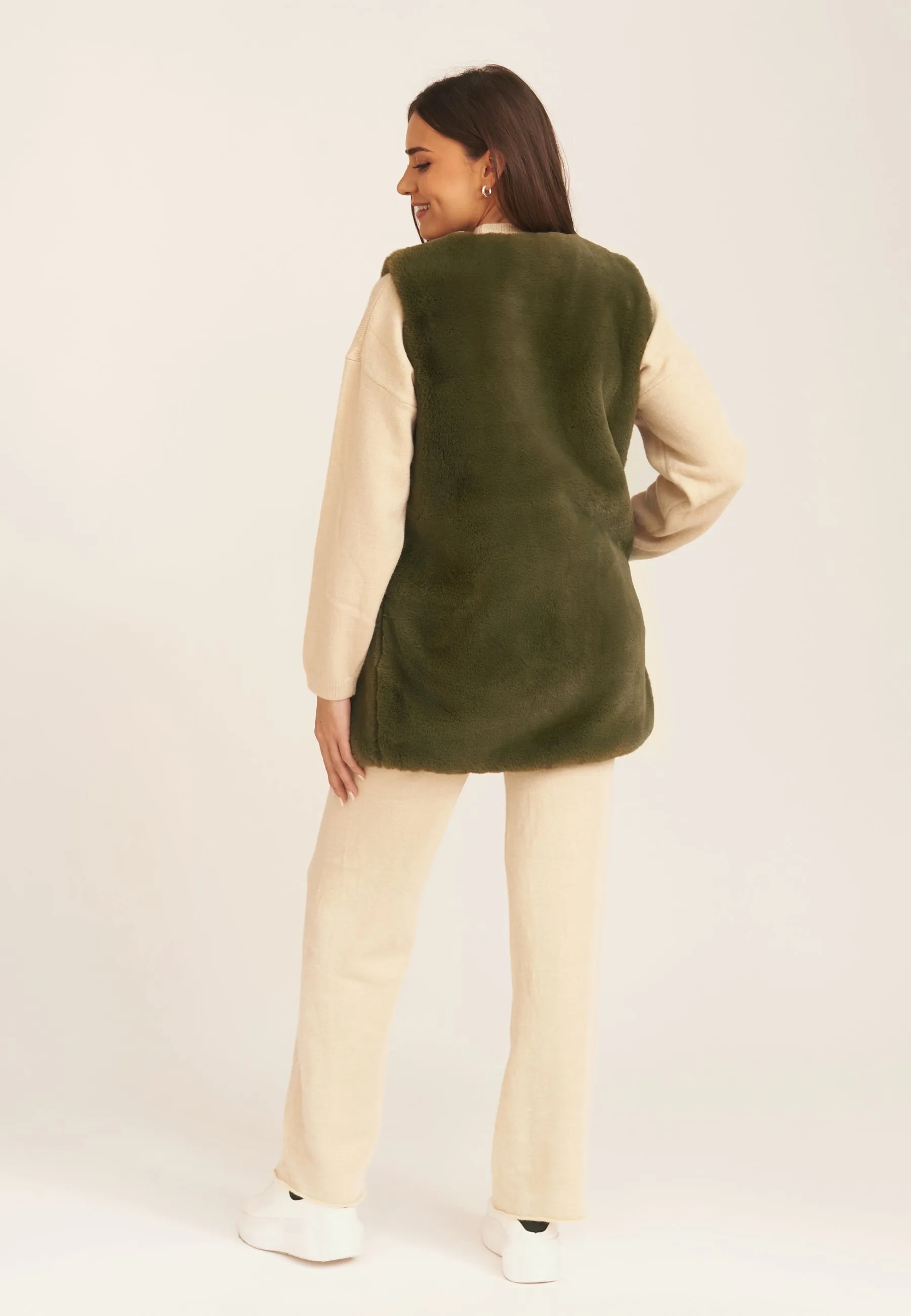 Khaki No Cut Faux Gilet Fur Sleeveless Jacket