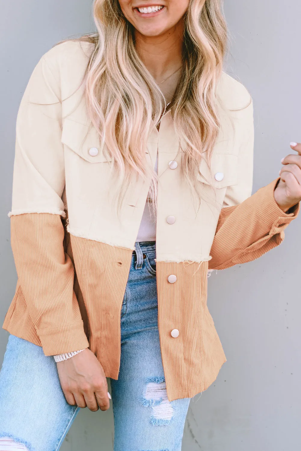 Khaki Two Toned Colorblock Cord Chambray Flap Pockets Jacket