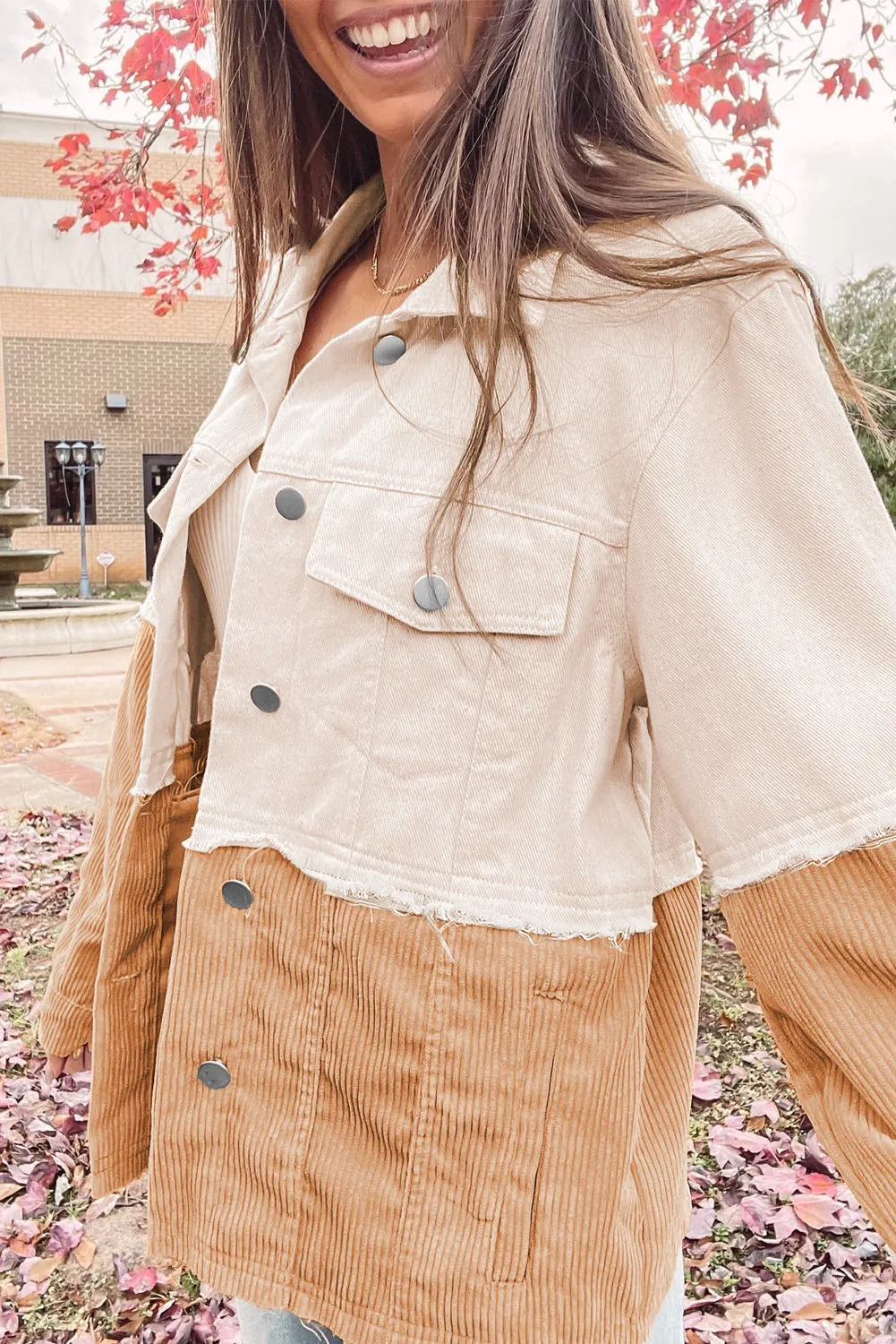 Khaki Two Toned Colorblock Cord Chambray Flap Pockets Jacket