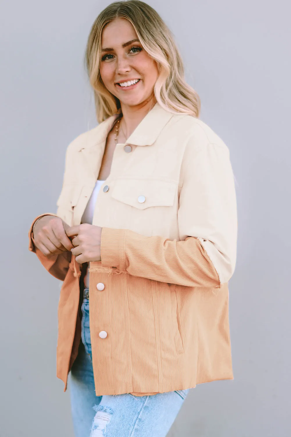 Khaki Two Toned Colorblock Cord Chambray Flap Pockets Jacket