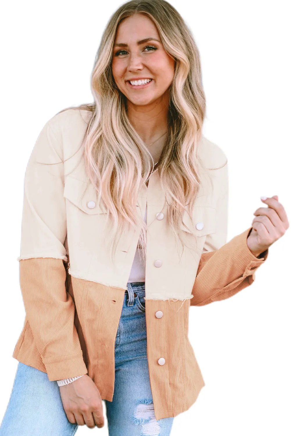 Khaki Two Toned Colorblock Cord Chambray Flap Pockets Jacket