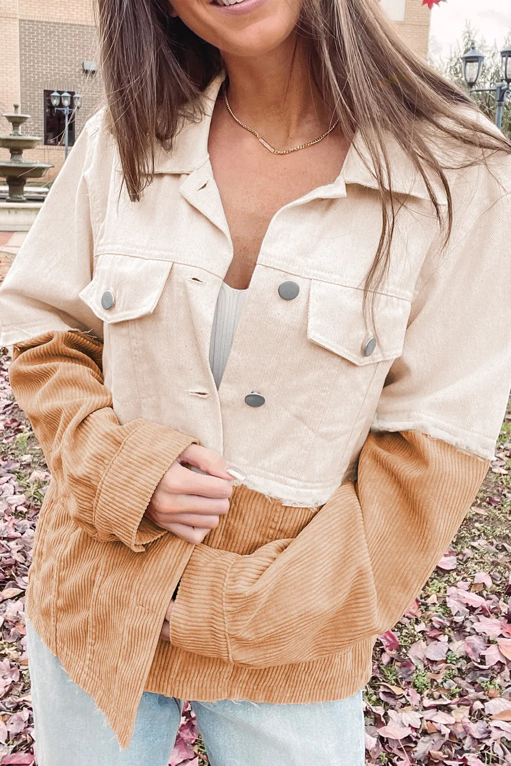 Khaki Two Toned Colorblock Cord Chambray Flap Pockets Jacket