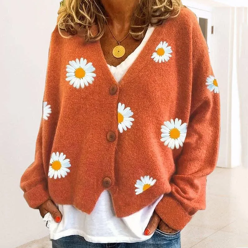 Ladies Sun Flower V-Neck Long Sleeves Sweater 2369