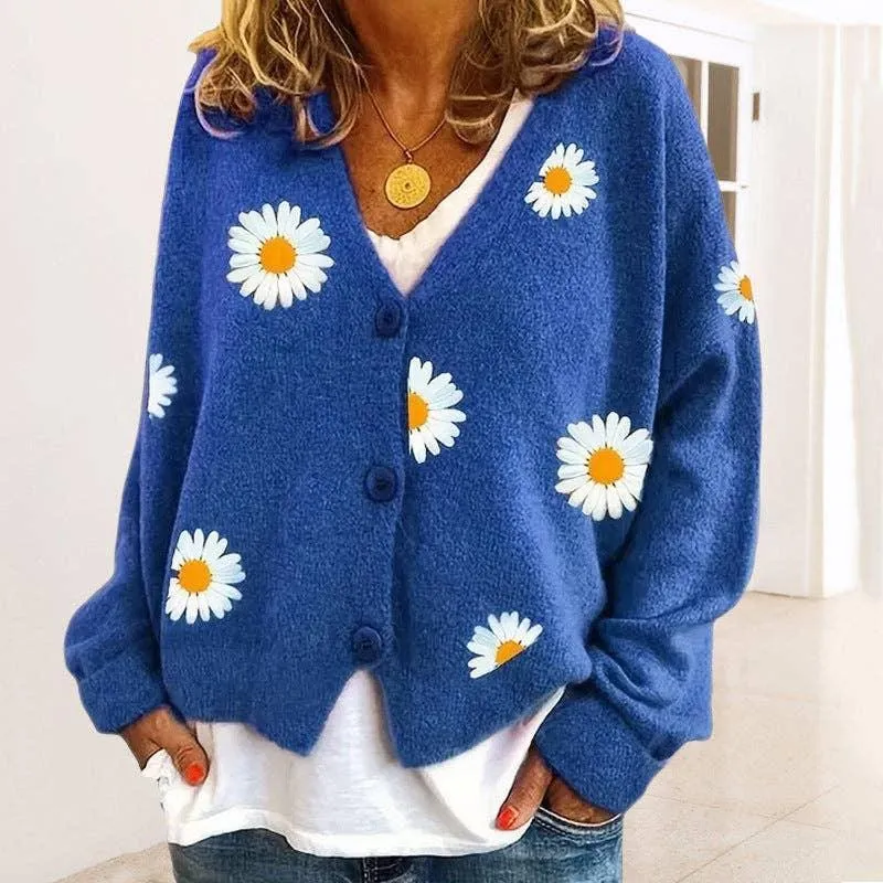 Ladies Sun Flower V-Neck Long Sleeves Sweater 2369