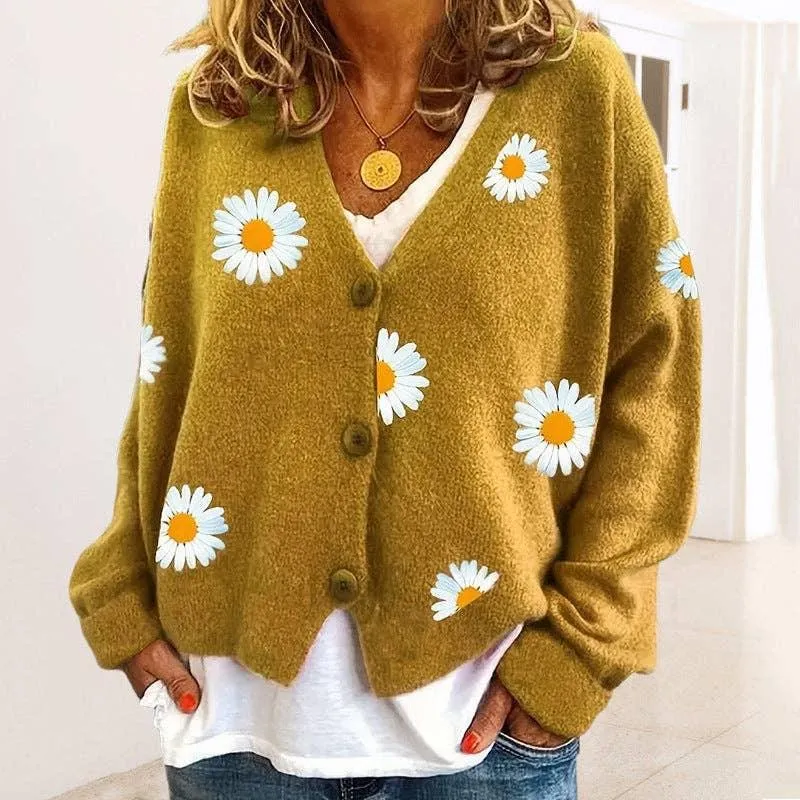 Ladies Sun Flower V-Neck Long Sleeves Sweater 2369