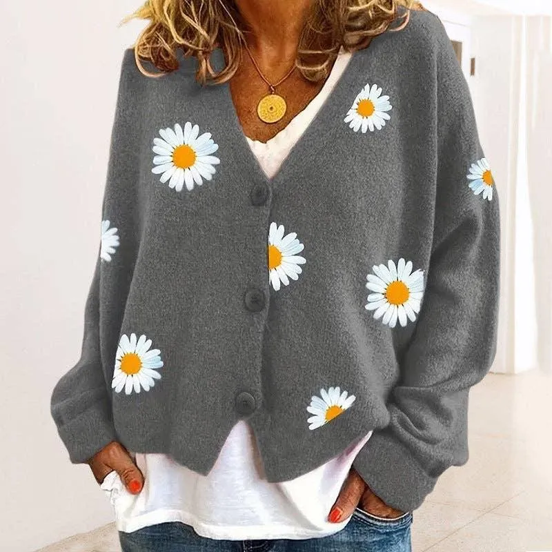 Ladies Sun Flower V-Neck Long Sleeves Sweater 2369