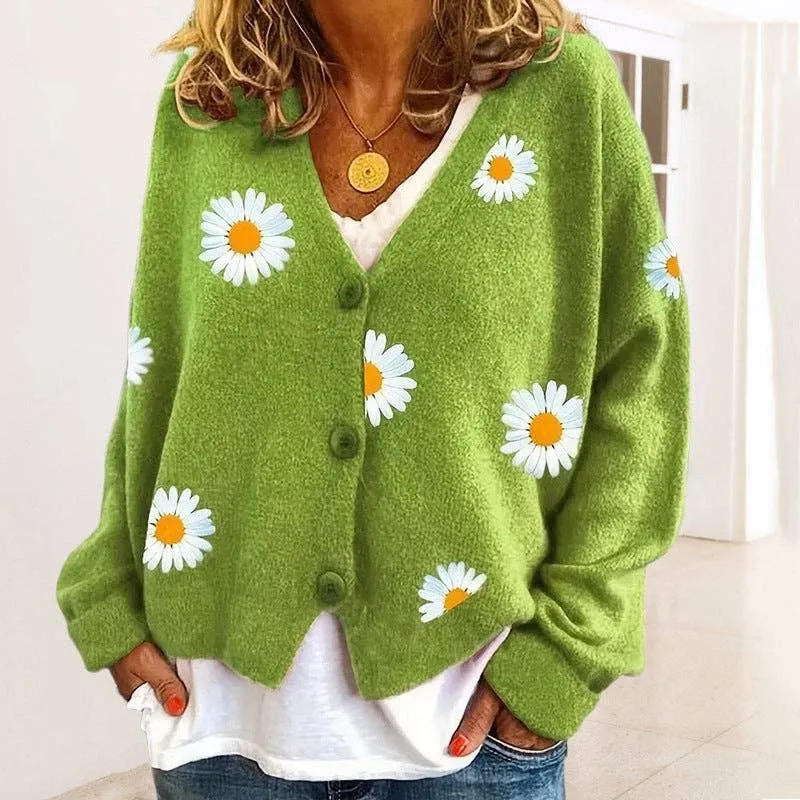 Ladies Sun Flower V-Neck Long Sleeves Sweater 2369