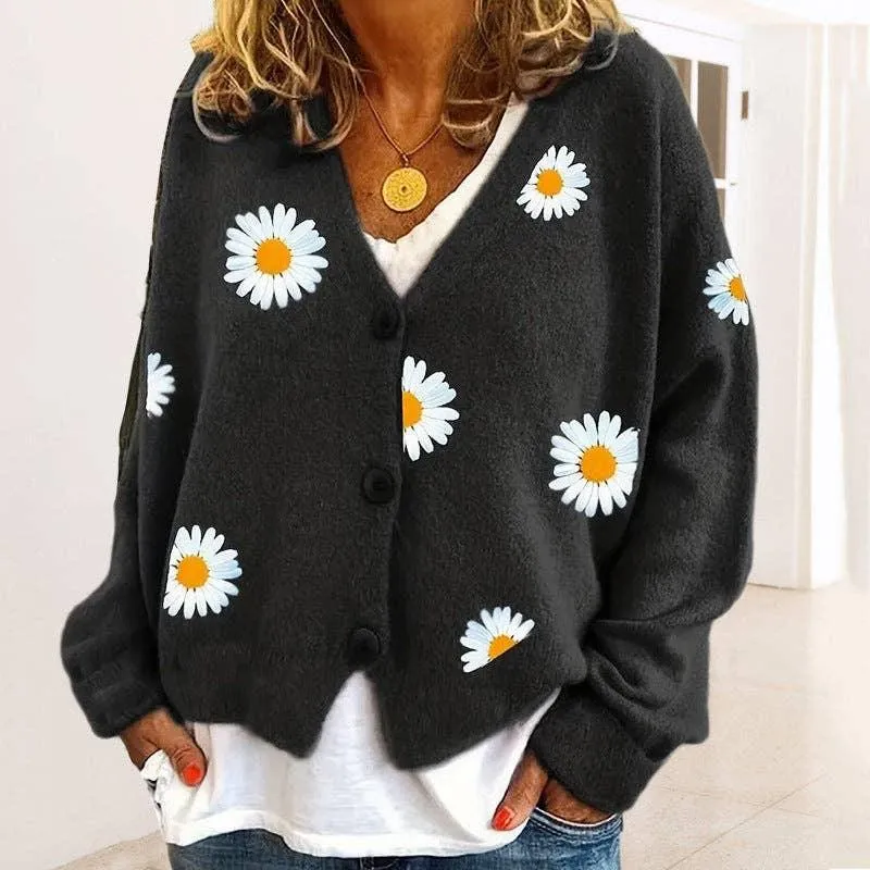 Ladies Sun Flower V-Neck Long Sleeves Sweater 2369