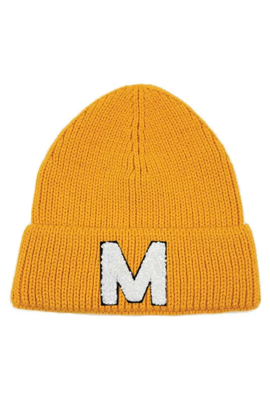 Letter M Chenille Patch Ribbed Cuff Beanie Hat