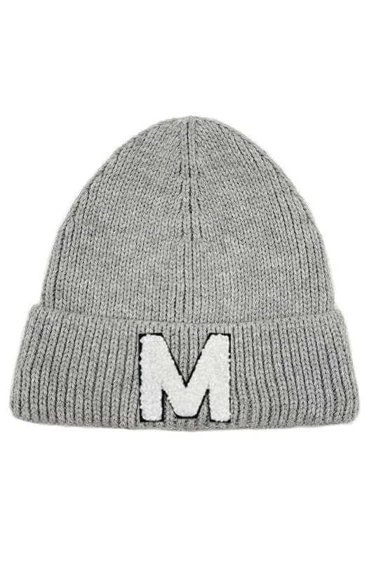 Letter M Chenille Patch Ribbed Cuff Beanie Hat