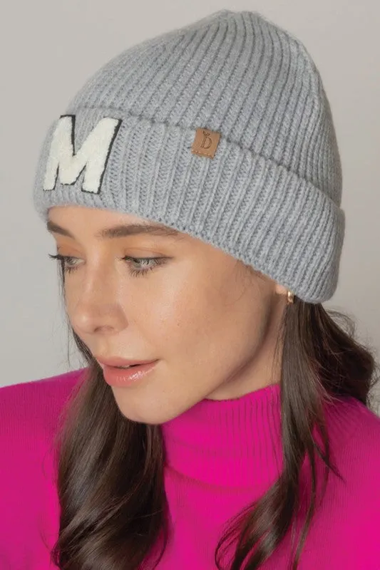 Letter M Chenille Patch Ribbed Cuff Beanie Hat