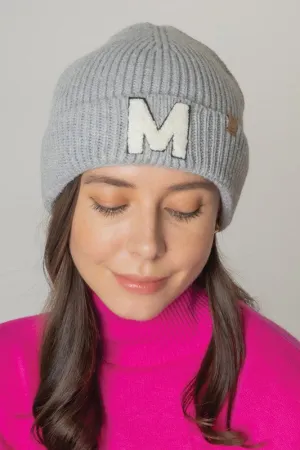 Letter M Chenille Patch Ribbed Cuff Beanie Hat