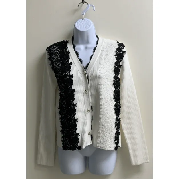 Long Sleeve Crystal Button and Lace Black and White Cardigan (M/L)