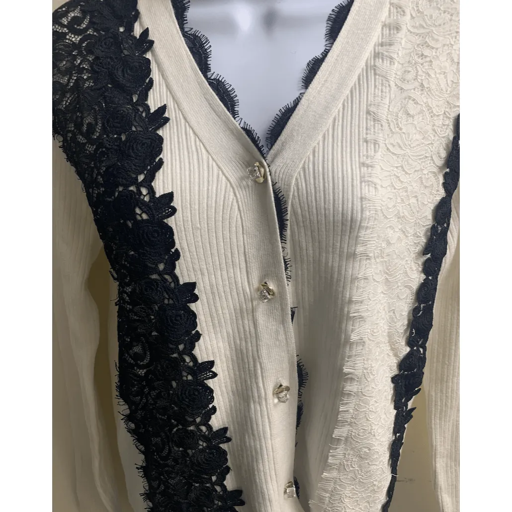 Long Sleeve Crystal Button and Lace Black and White Cardigan (M/L)