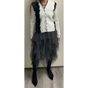 Long Sleeve Crystal Button and Lace Black and White Cardigan (M/L)