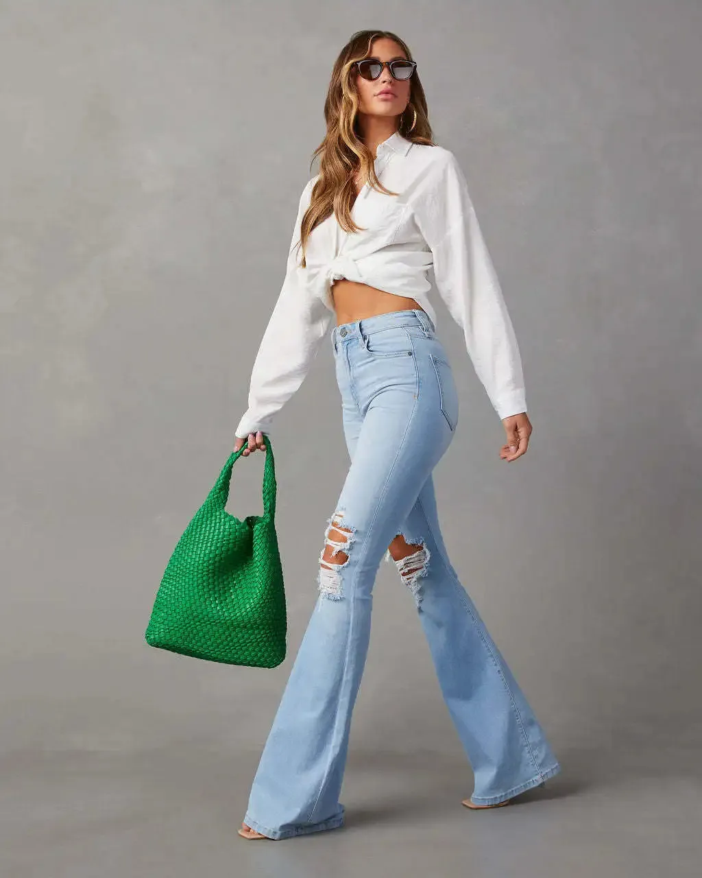 LVSANW 2024 New European and American High Waist Ripped Jeans Women's Street Hottie Bell Bottoms Trousers Streetwear Women