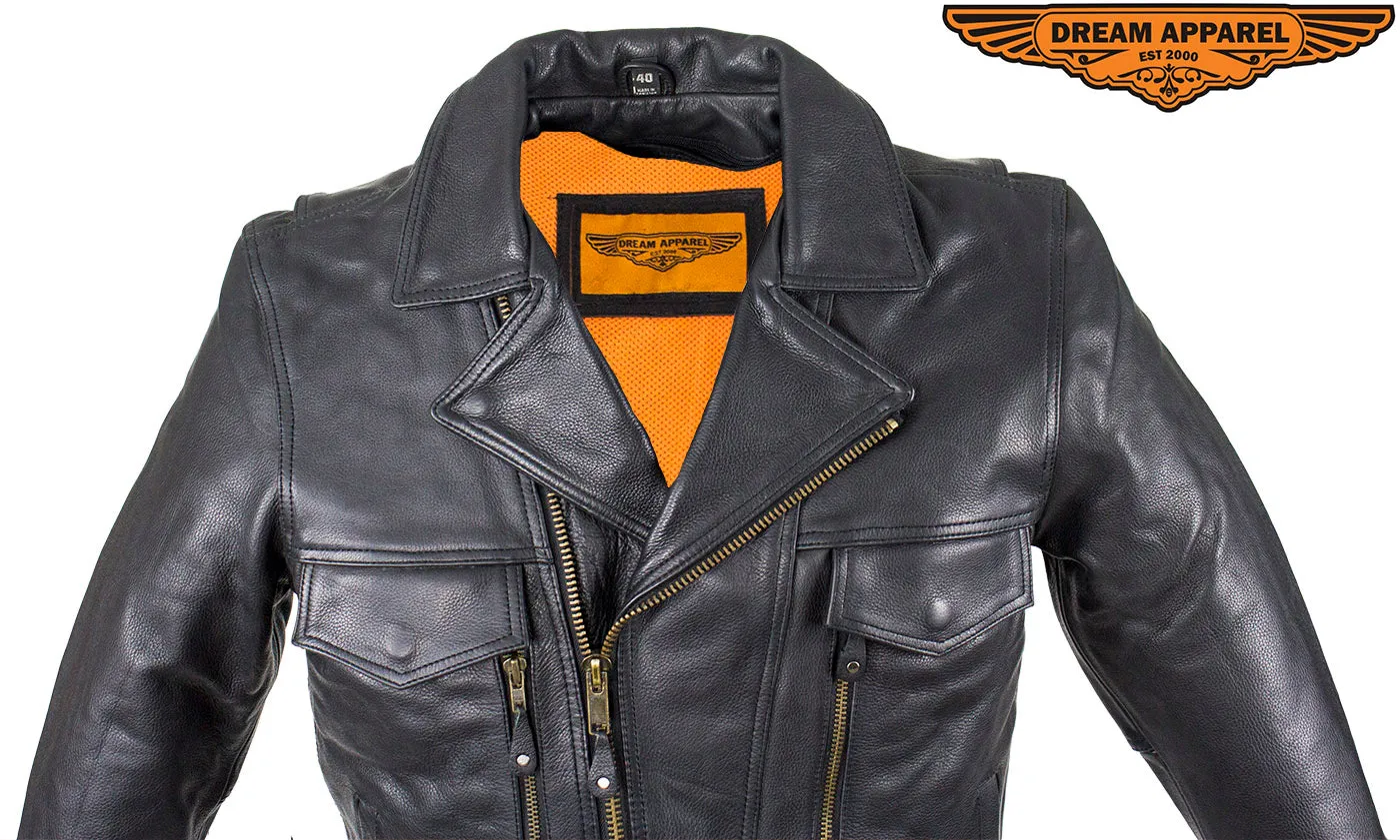 Mens Leather Racing Style Motorcycle Jacket