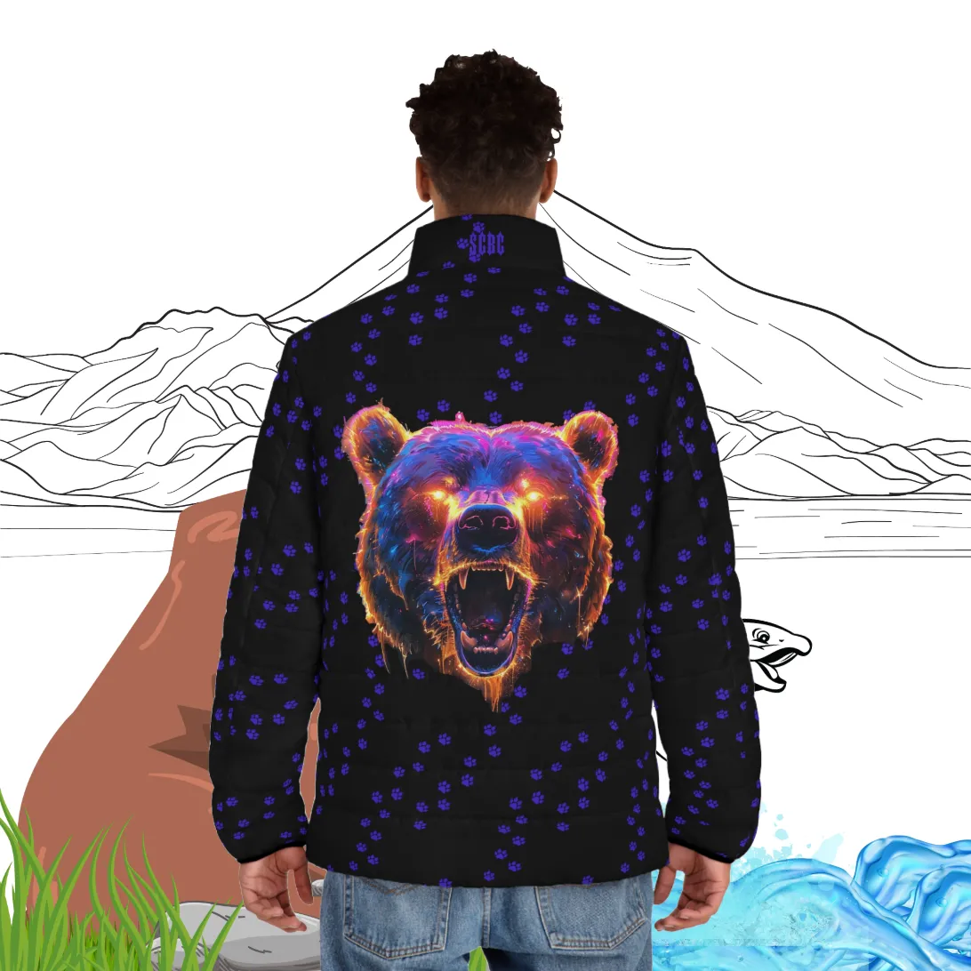 Men's SCBC "Bear-ly Alive" Puffer Jacket (AOP). Puffer Jacket, Spring, Mens Clothes, Warm Jacket, Lightweight, Bear, Graphic Design.