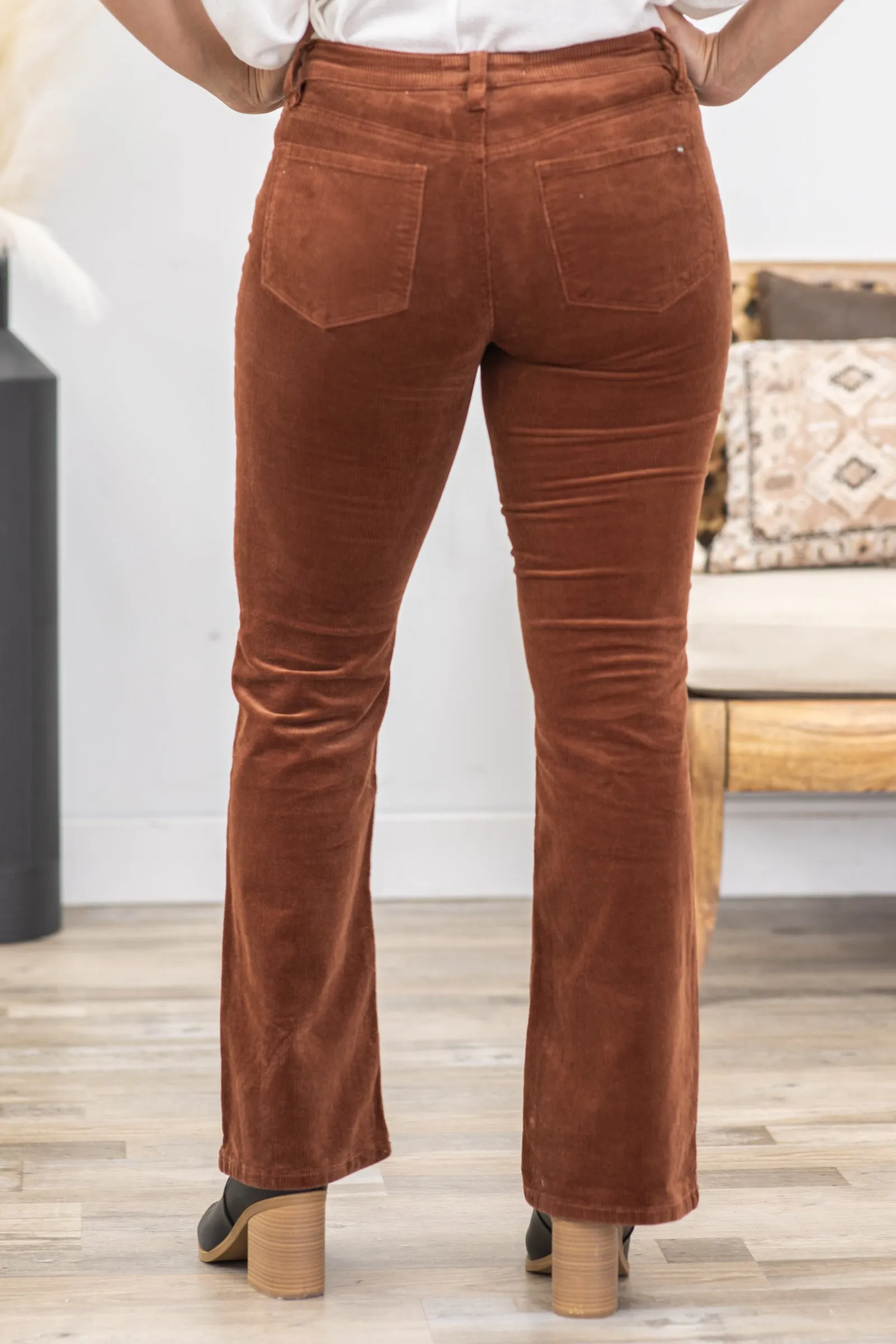 Mica Cognac Mid Rise Corduroy Bootcut Pants