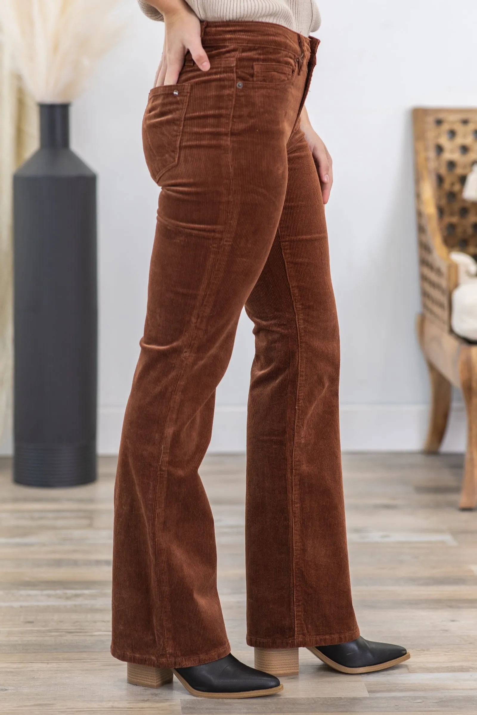 Mica Cognac Mid Rise Corduroy Bootcut Pants