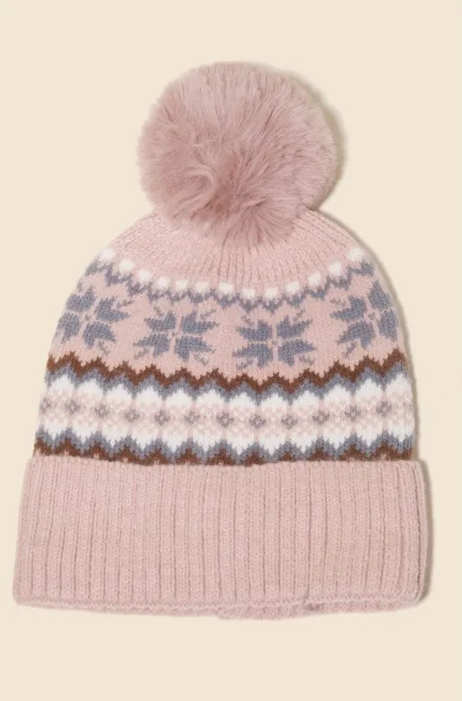 Patterned Pom Beanie - Mauve