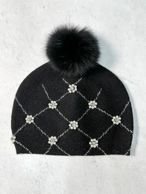 Pearl & Bead Flowers Fur Pom Pom Beanie Hat, Black