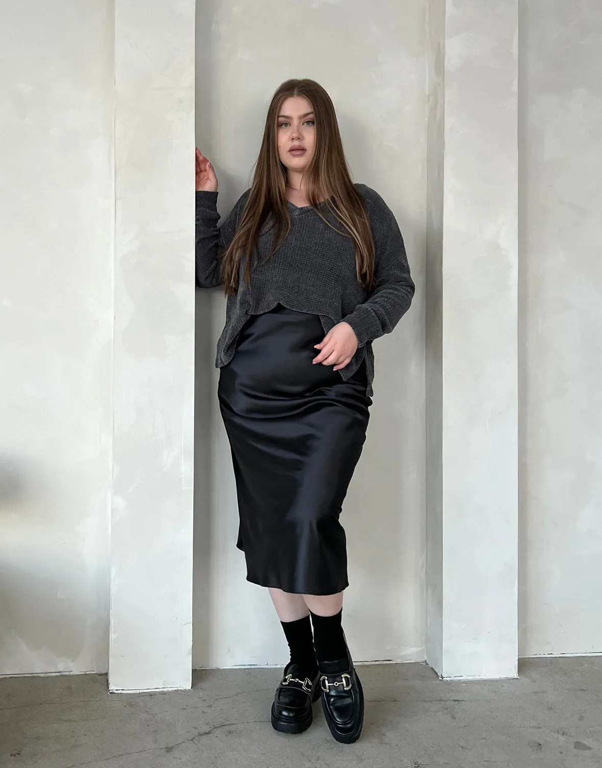 Plus Size Satin Midi Skirt