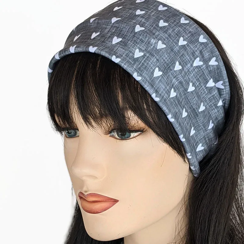 Premium, wide turban style comfy wide jersey knit  headband, white hearts on grey