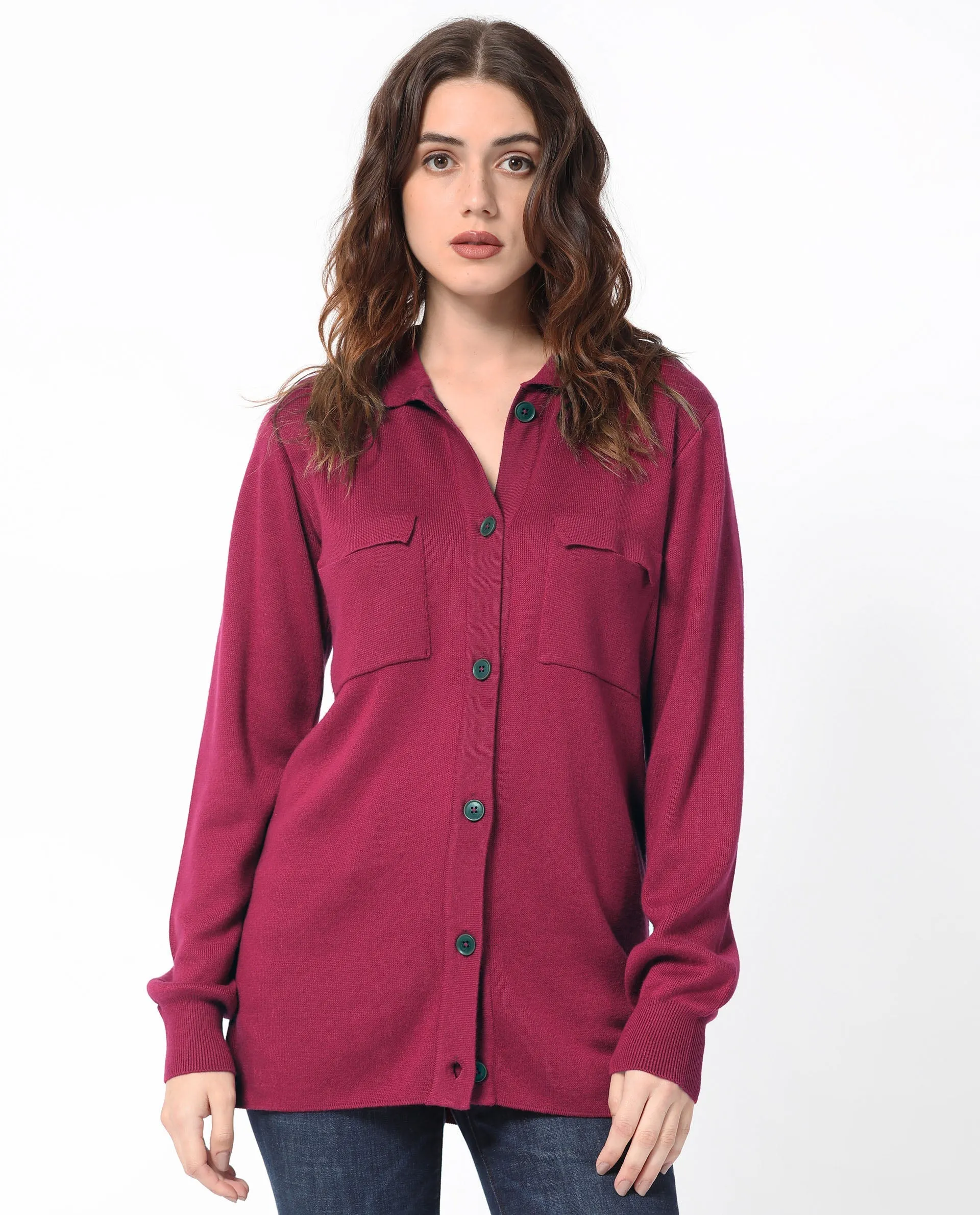 Rareism Women Telkon Light Maroon Viscose Fabric Full Sleeves Regular Fit Solid Shirt Collar Sweater