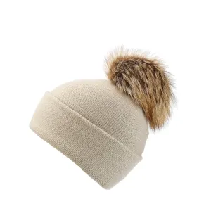 Reversible Slouchy Sand Cashmere Hat with Caramel Pom-Pom