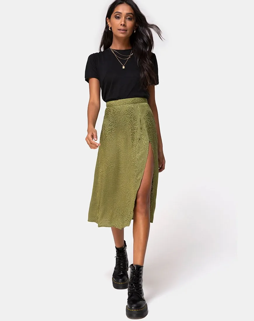 Saika Midi Skirt in Satin Cheetah Khaki