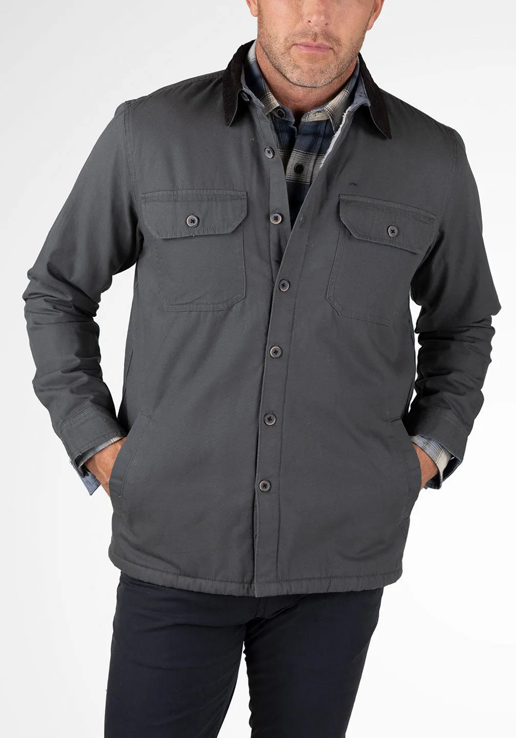 Stretch Canvas Shirt Jacket With Sherpa Lining